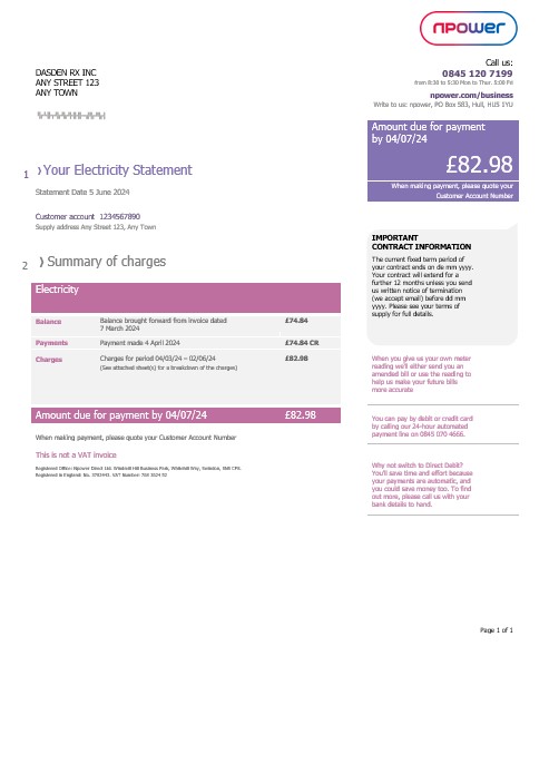 United Kingdom Npower business utility bill, Word and PDF template PSD template